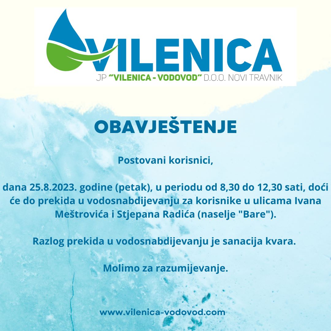 Obavijest Vilenica vodovod 24.08.2023